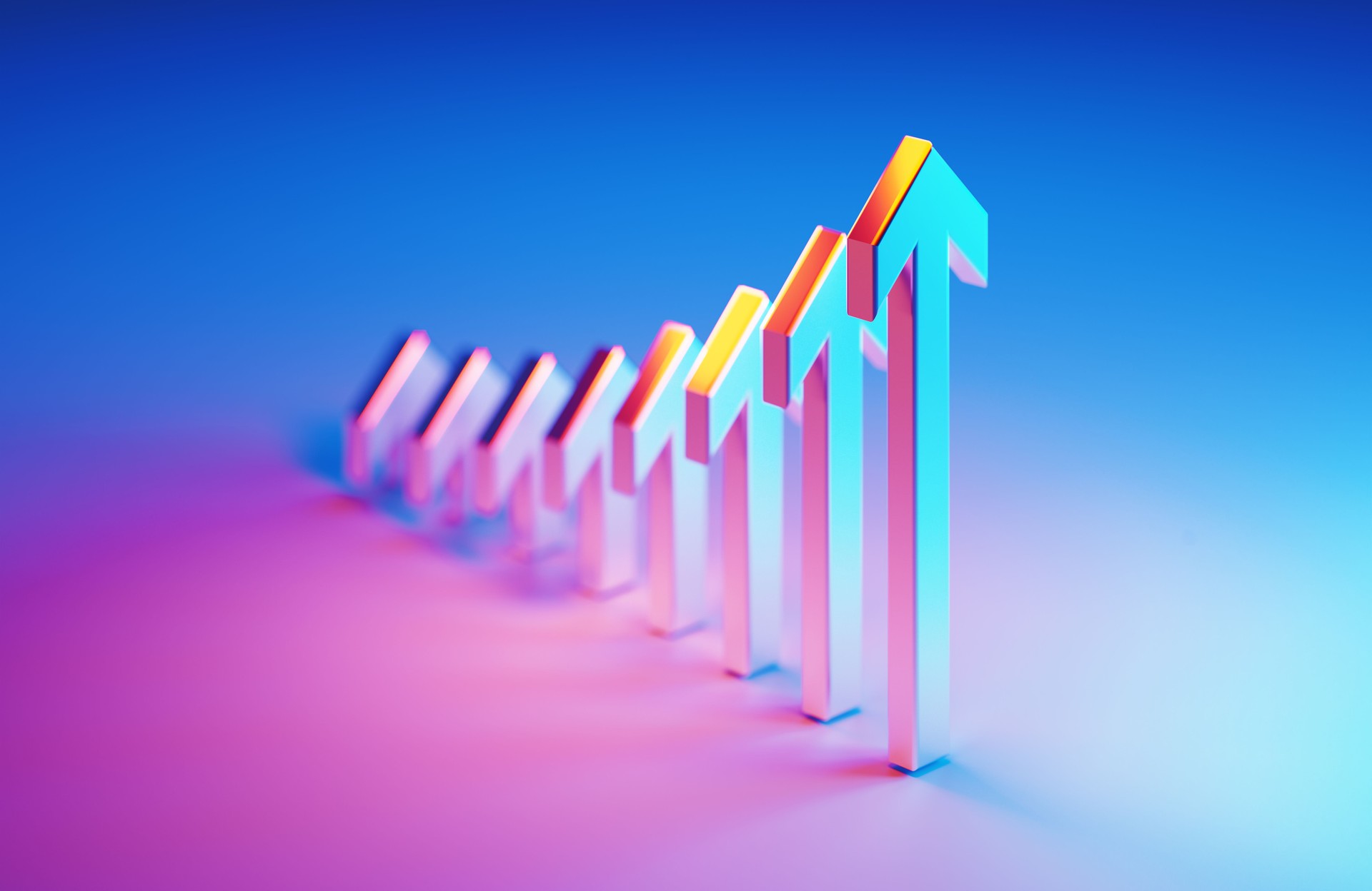 Metallic Arrow Symbols Which Are Illuminated By Blue And Magenta Lights Forming A Graph On Blue And Magenta Background