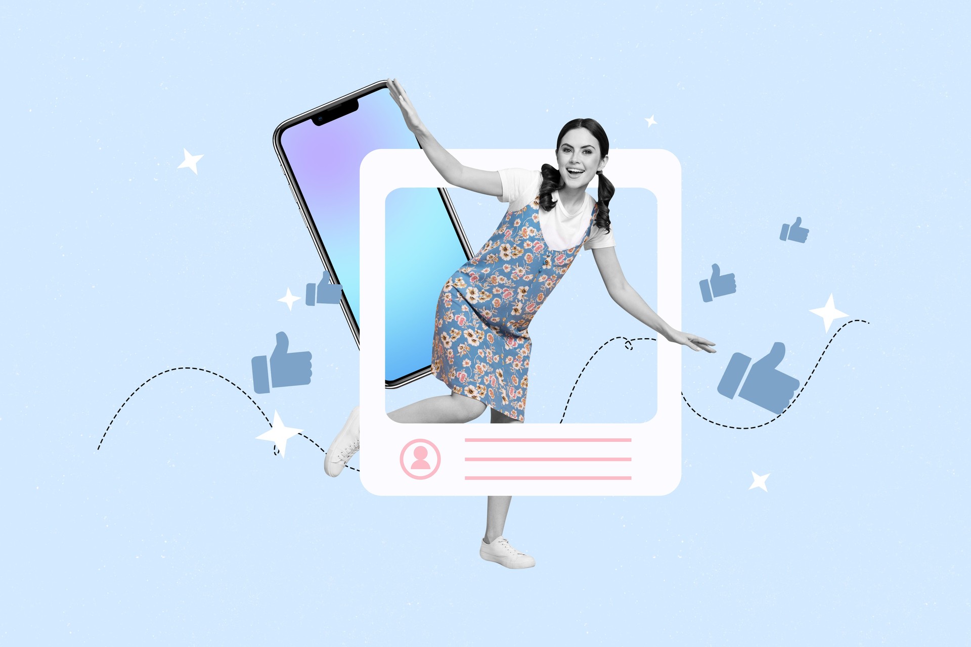 Composite trend artwork collage of app image frame blogger profile young lady jump thumb like reaction influencer smartphone display